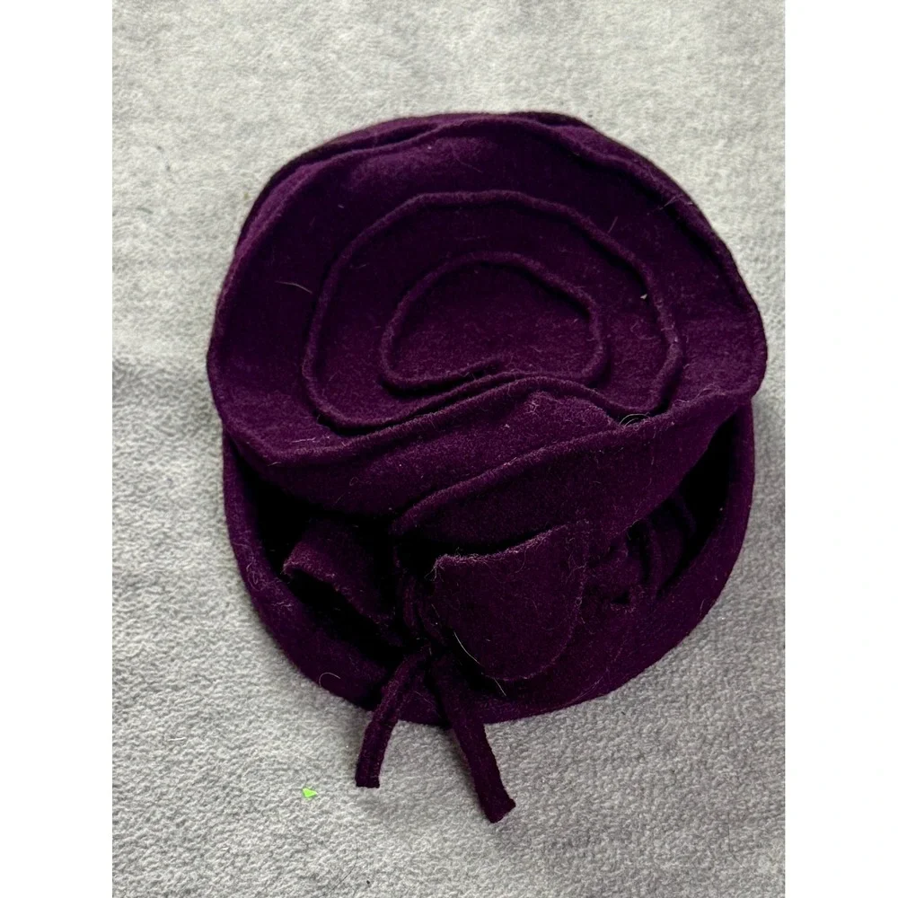 Vintage Style Purple Wool Blend Cloche Hat with Bow Spiral Tiered Bucket Hat